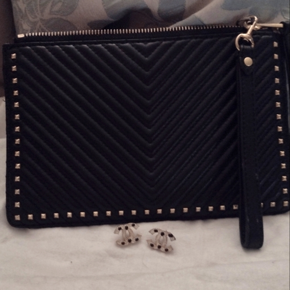 Rebecca Minkoff Black leather Studded V stitch/ CC Earrings